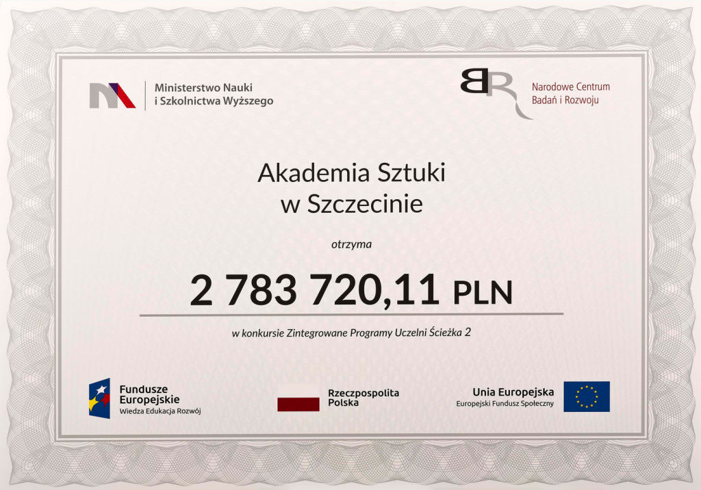 Akademia Sztuki w Szczecinie otrzymała dofinansowanie na projekt „Akademia Sztuki w Szczecinie_INWESTYCJA W TALENTY” realizowany w ramach Programu Operacyjnego Wiedza Edukacja Rozwój 2014-2020.